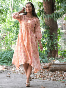 Block Print Mulmul Dress - Pink