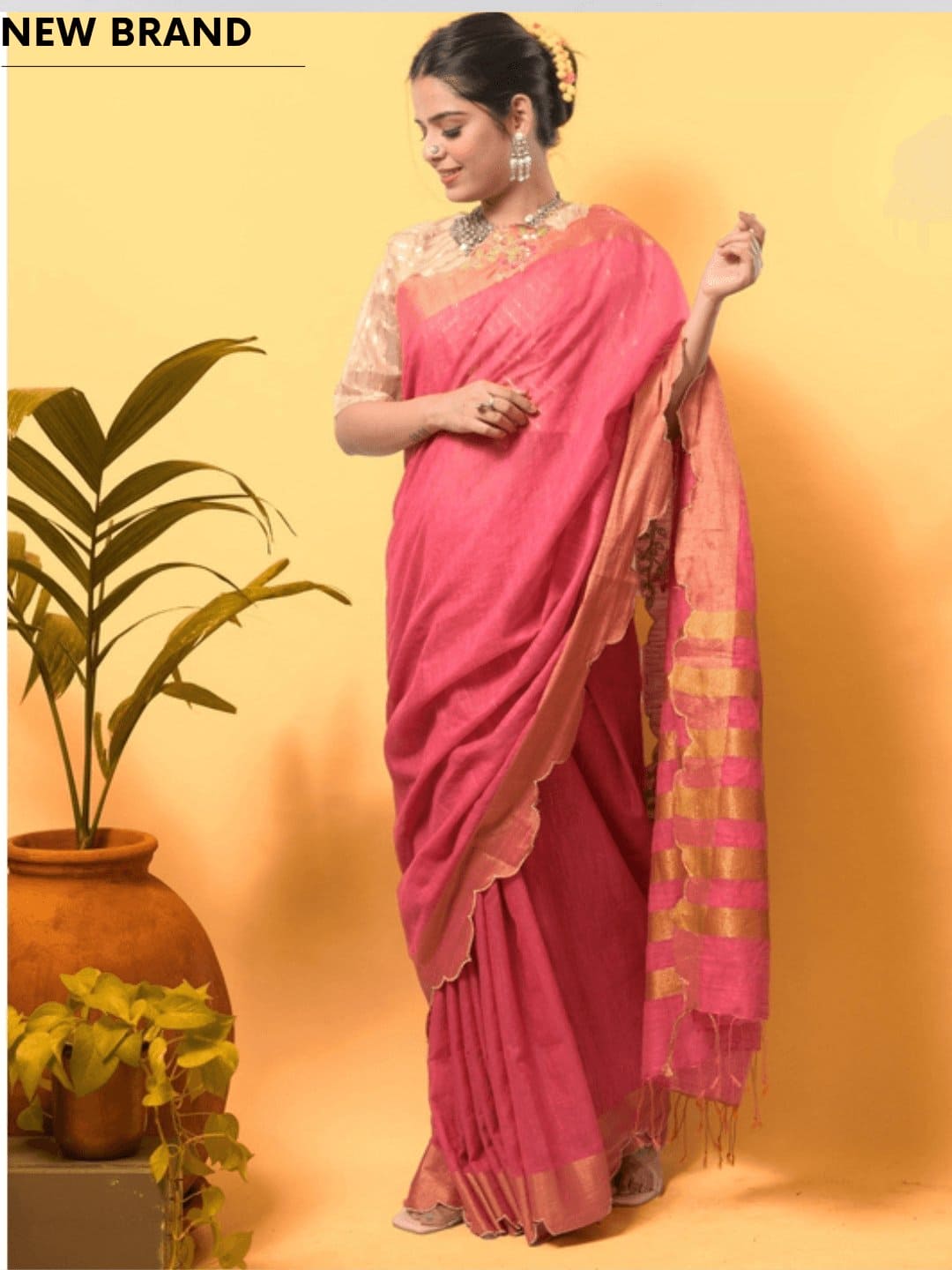 Bloom Linen Saree - Pink - Charkha TalesBloom Linen Saree - Pink