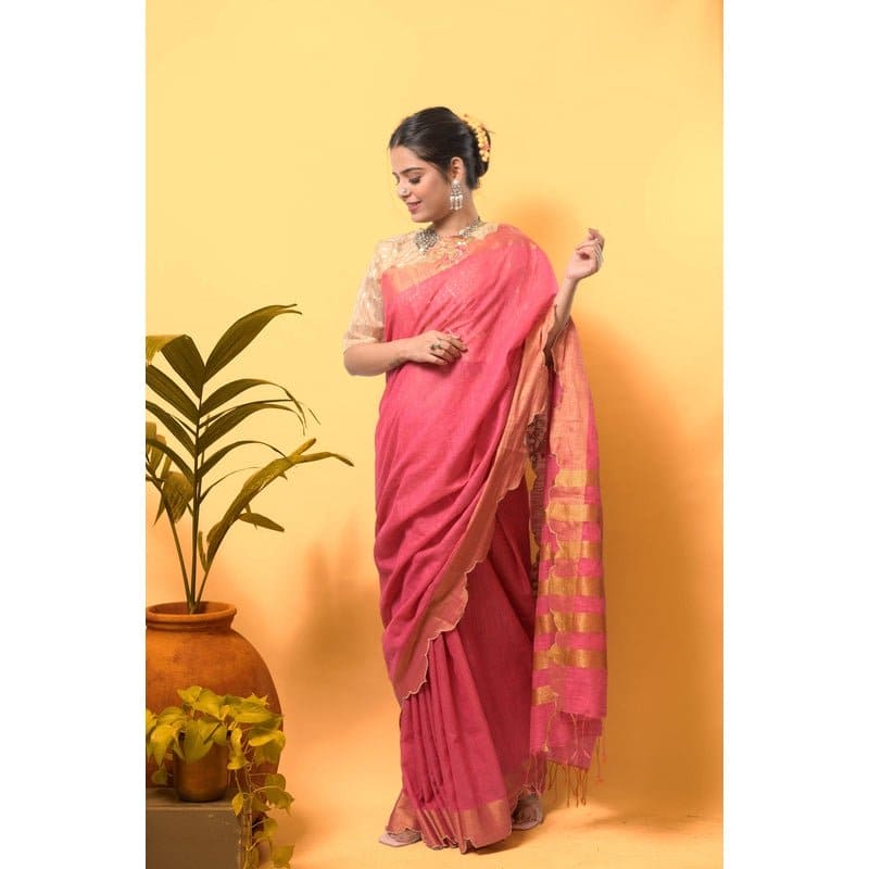 Bloom Linen Saree - Pink - Charkha TalesBloom Linen Saree - Pink