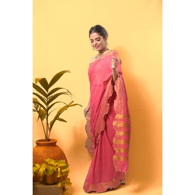 Bloom Linen Saree - Pink - Charkha TalesBloom Linen Saree - Pink