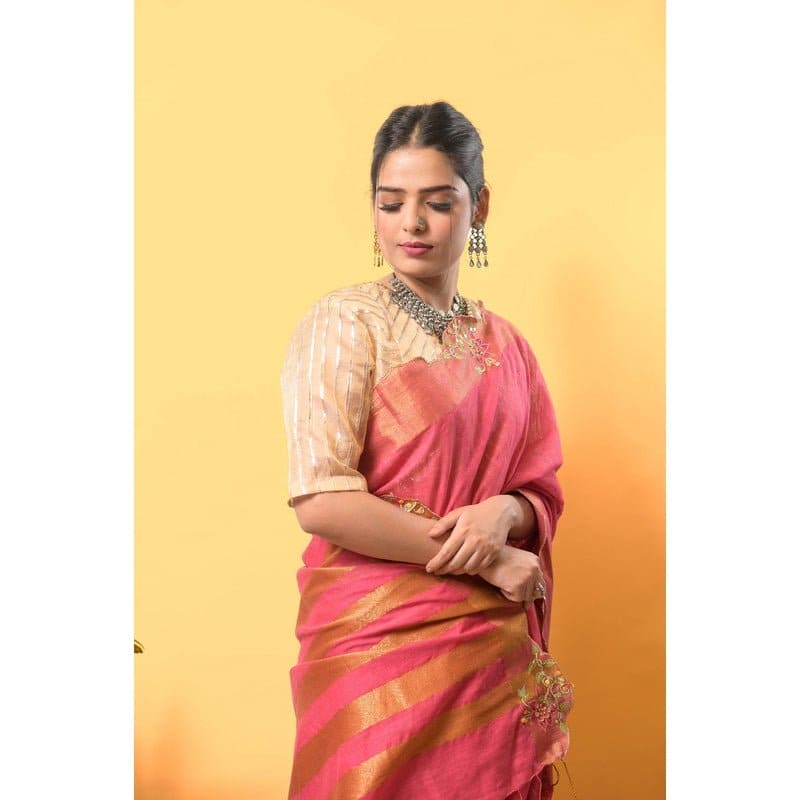Bloom Linen Saree - Pink - Charkha TalesBloom Linen Saree - Pink