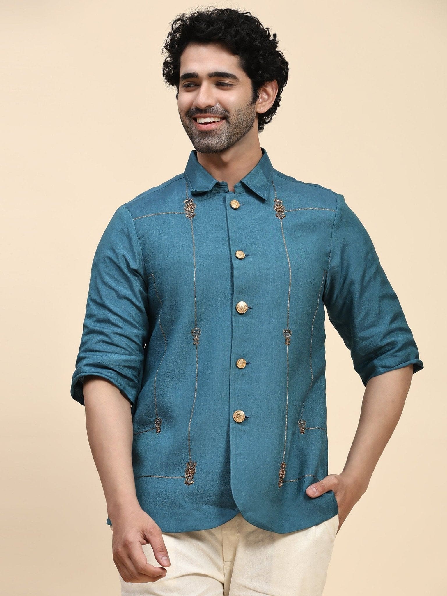 Blue Aari Zardozi Katan Silk Jacket - Charkha TalesBlue Aari Zardozi Katan Silk Jacket