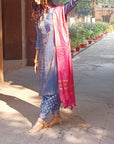 Blue Chanderi Stripes Women Kurta Set - Charkha TalesBlue Chanderi Stripes Women Kurta Set