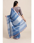 Blue Linen Embroidered Saree - Charkha TalesBlue Linen Embroidered Saree