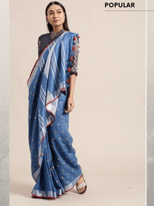 Linen Embroidered Saree - Blue