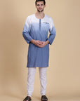 Blue Ombre Dyed Men Long Kurta Set - Charkha TalesBlue Ombre Dyed Men Long Kurta Set