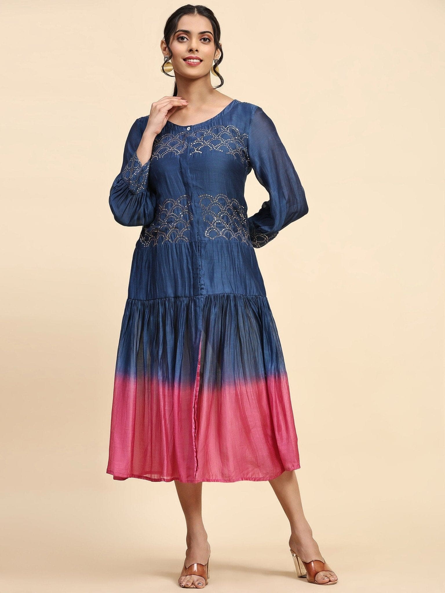 Blue &amp; Pink Mukaish Chanderi Dress - Charkha TalesBlue &amp; Pink Mukaish Chanderi Dress