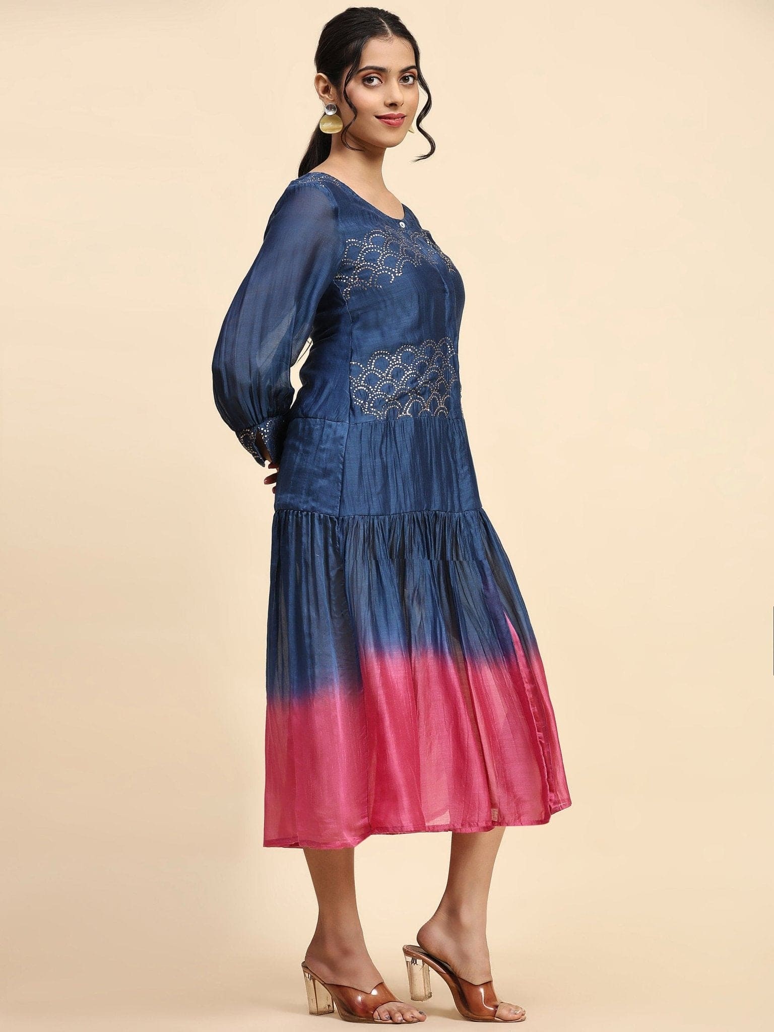 Blue &amp; Pink Mukaish Chanderi Dress - Charkha TalesBlue &amp; Pink Mukaish Chanderi Dress