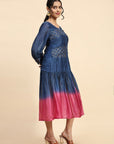 Blue & Pink Mukaish Chanderi Dress - Charkha TalesBlue & Pink Mukaish Chanderi Dress