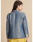 Blue Silk Zari Quilted Jacket - Charkha TalesBlue Silk Zari Quilted Jacket