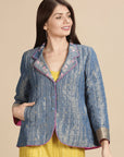 Blue Silk Zari Quilted Jacket - Charkha TalesBlue Silk Zari Quilted Jacket