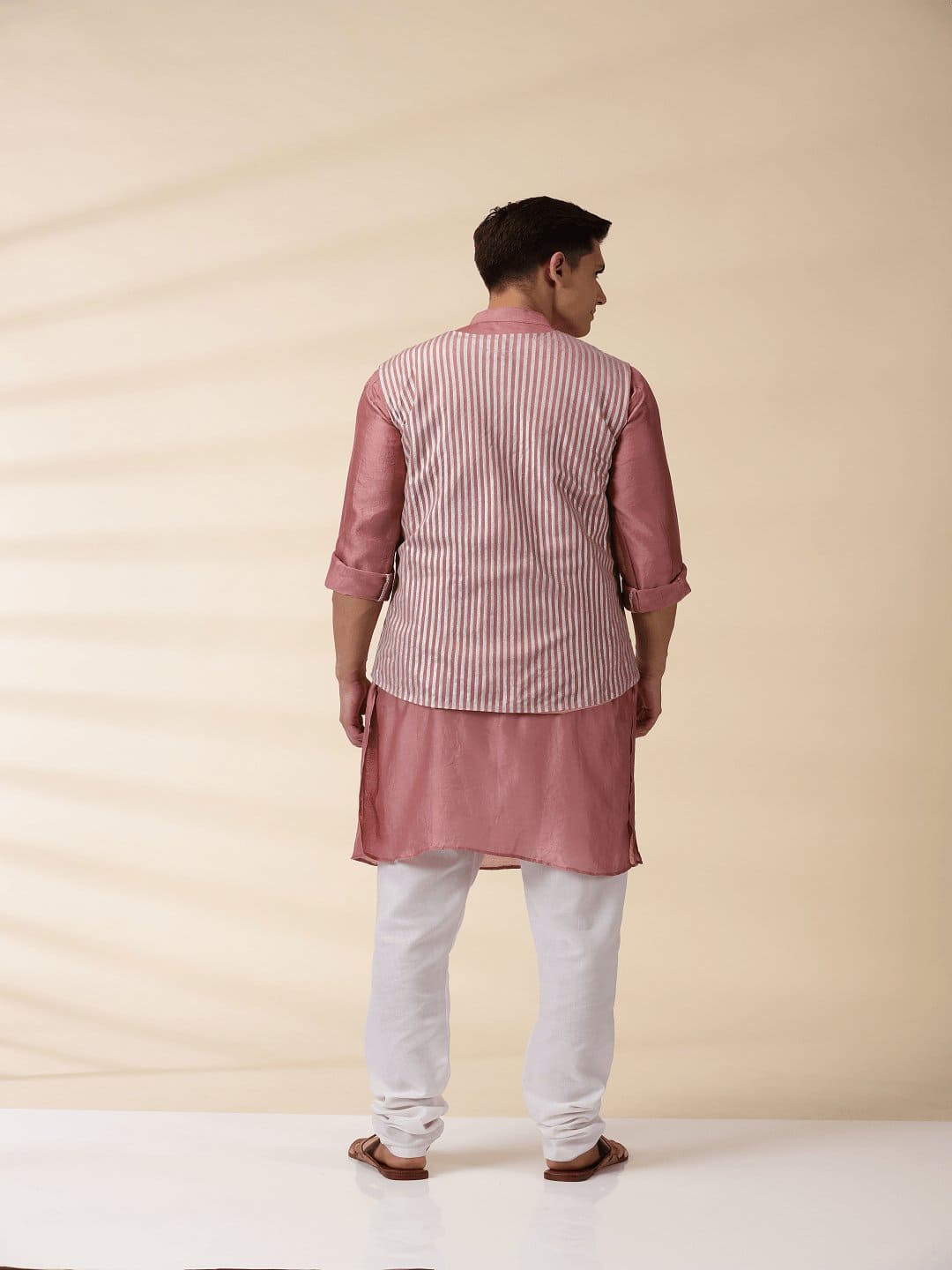 Blush Pink Chanderi Jacket &amp; Kurta Set - Charkha TalesBlush Pink Chanderi Jacket &amp; Kurta Set