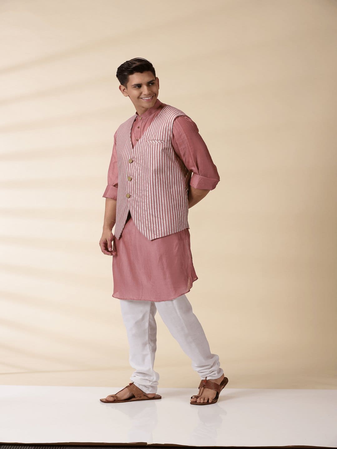 Blush Pink Chanderi Jacket &amp; Kurta Set - Charkha TalesBlush Pink Chanderi Jacket &amp; Kurta Set