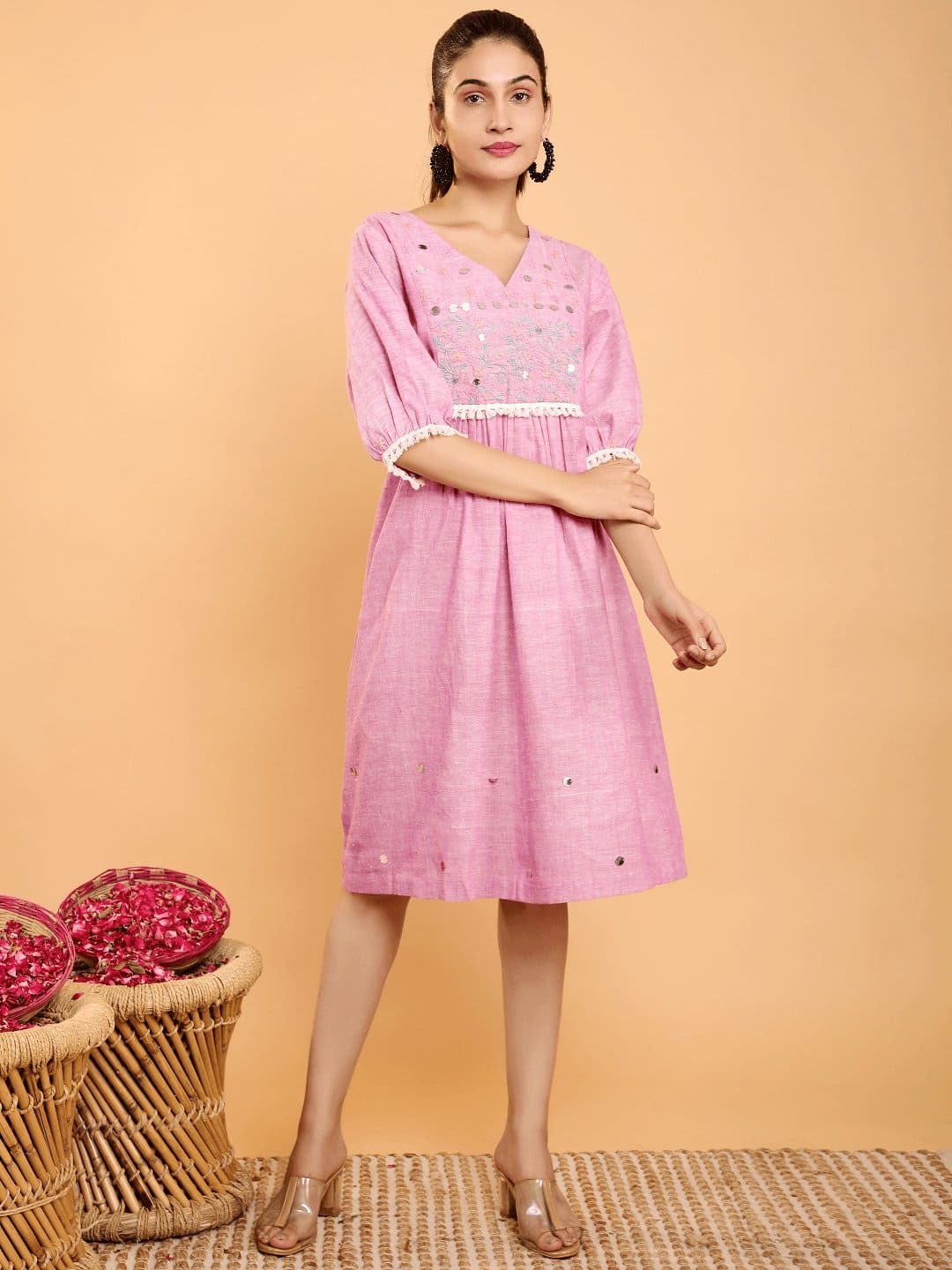 Boho Chikankari A - line Dress - Lavender - Charkha TalesBoho Chikankari A - line Dress - Lavender