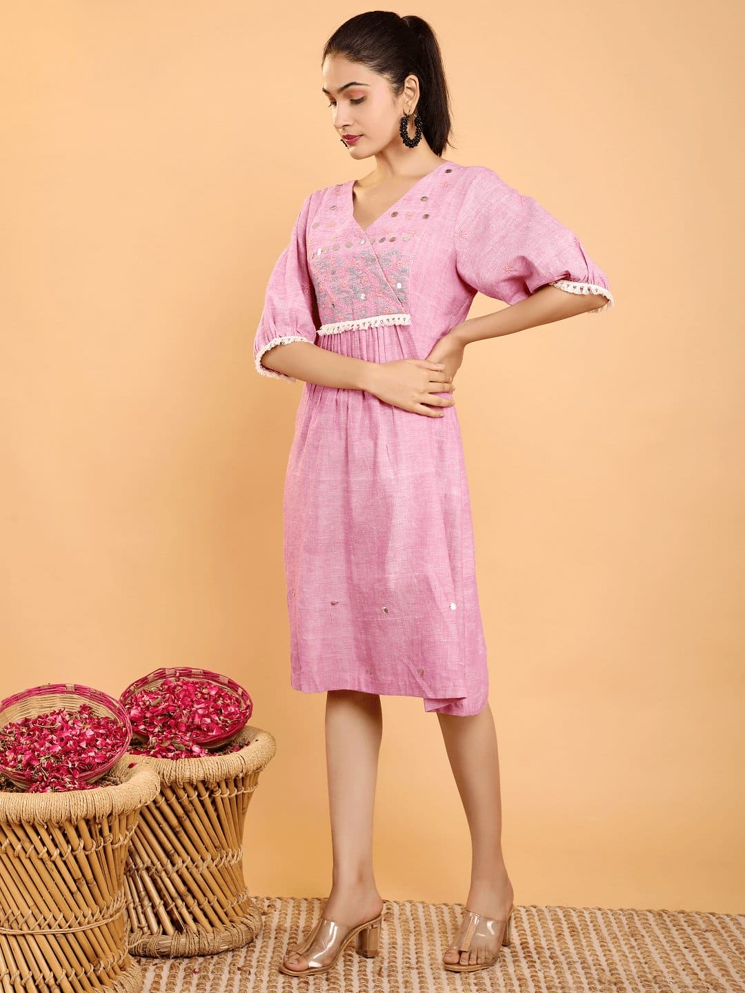 Boho Chikankari A - line Dress - Lavender - Charkha TalesBoho Chikankari A - line Dress - Lavender