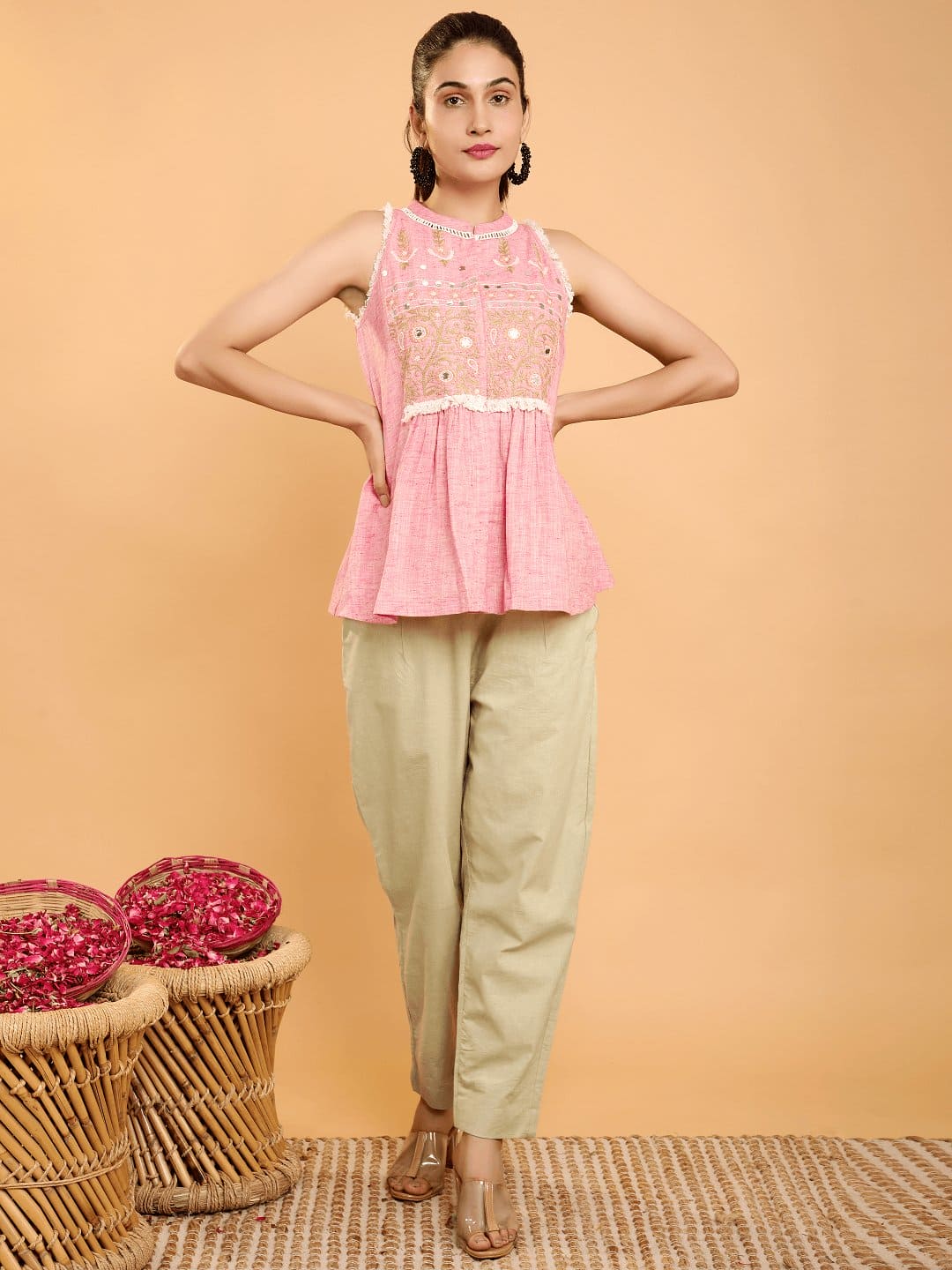 Boho Chikankari Co - Ord Set - Pink - Charkha TalesBoho Chikankari Co - Ord Set - Pink