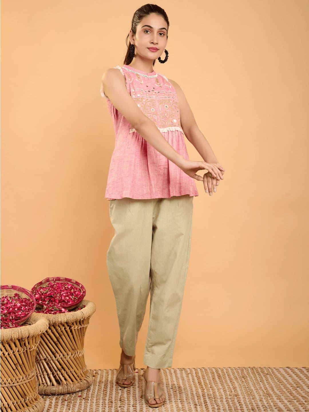 Boho Chikankari Co - Ord Set - Pink - Charkha TalesBoho Chikankari Co - Ord Set - Pink