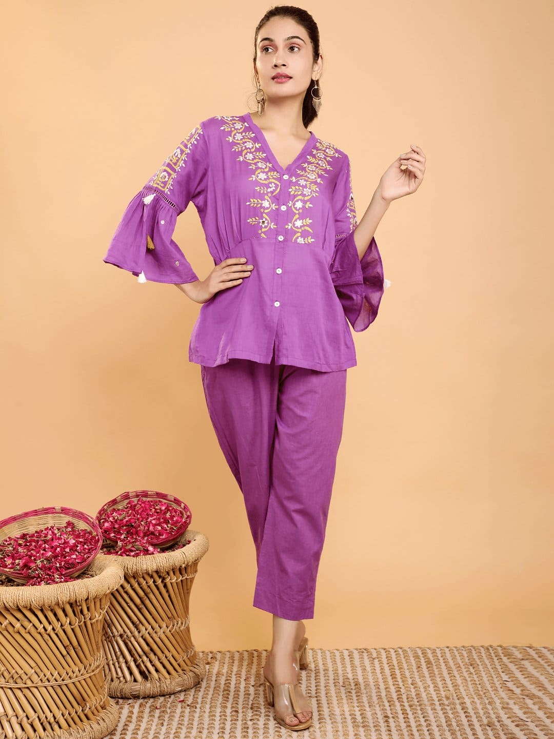 Boho Chikankari Co - ord Set - Purple - Charkha TalesBoho Chikankari Co - ord Set - Purple