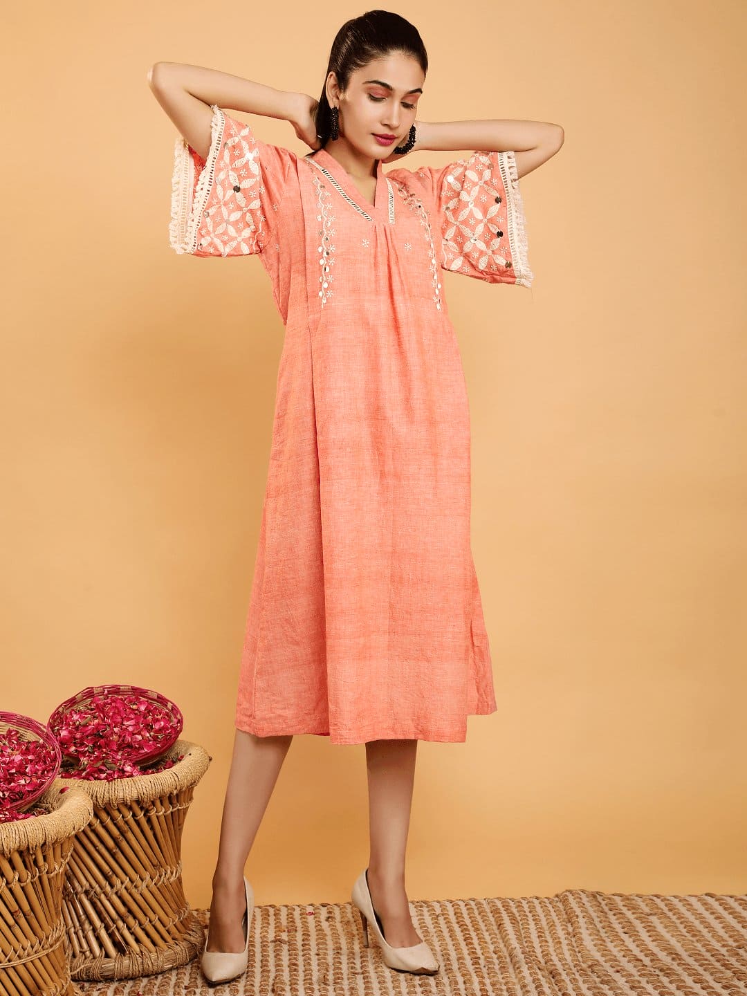 Boho Chikankari Cotton Dress - Peach - Charkha TalesBoho Chikankari Cotton Dress - Peach