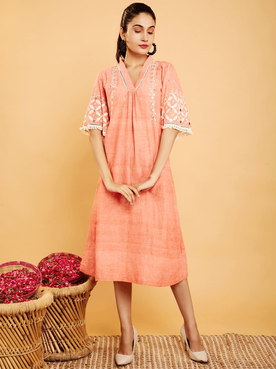 Boho Chikankari Cotton Dress - Peach - Charkha TalesBoho Chikankari Cotton Dress - Peach