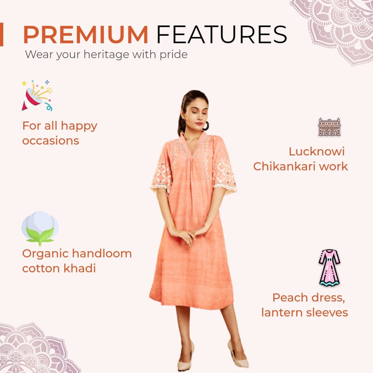 Boho Chikankari Cotton Dress - Peach - Charkha TalesBoho Chikankari Cotton Dress - Peach