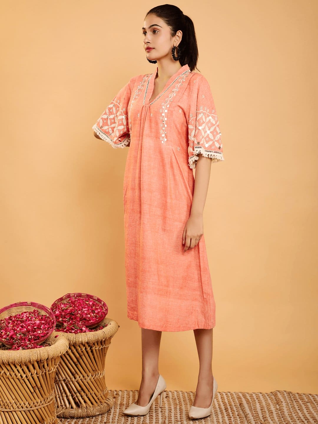 Boho Chikankari Cotton Dress - Peach - Charkha TalesBoho Chikankari Cotton Dress - Peach