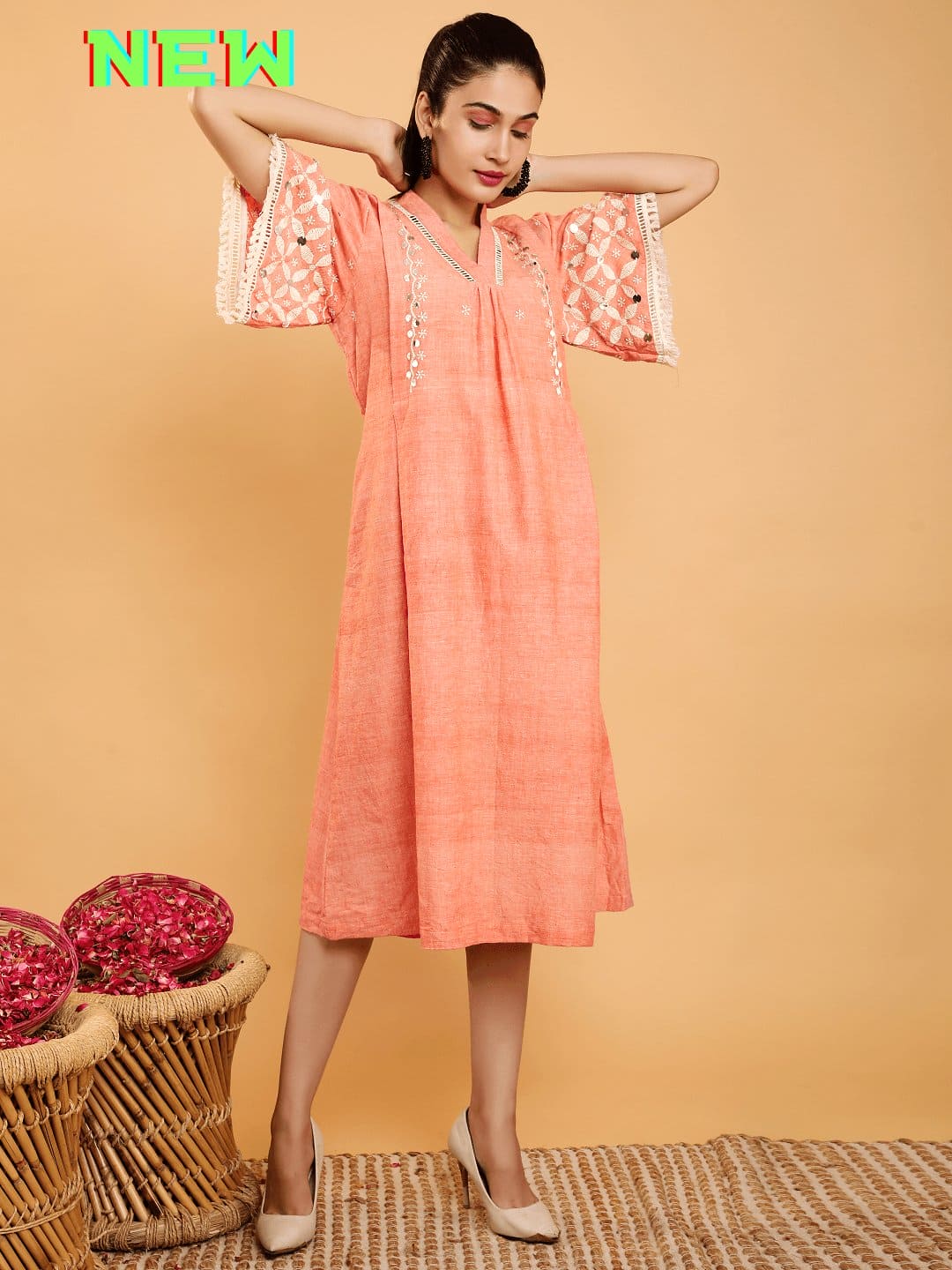Boho Chikankari Cotton Dress - Peach - Charkha TalesBoho Chikankari Cotton Dress - Peach