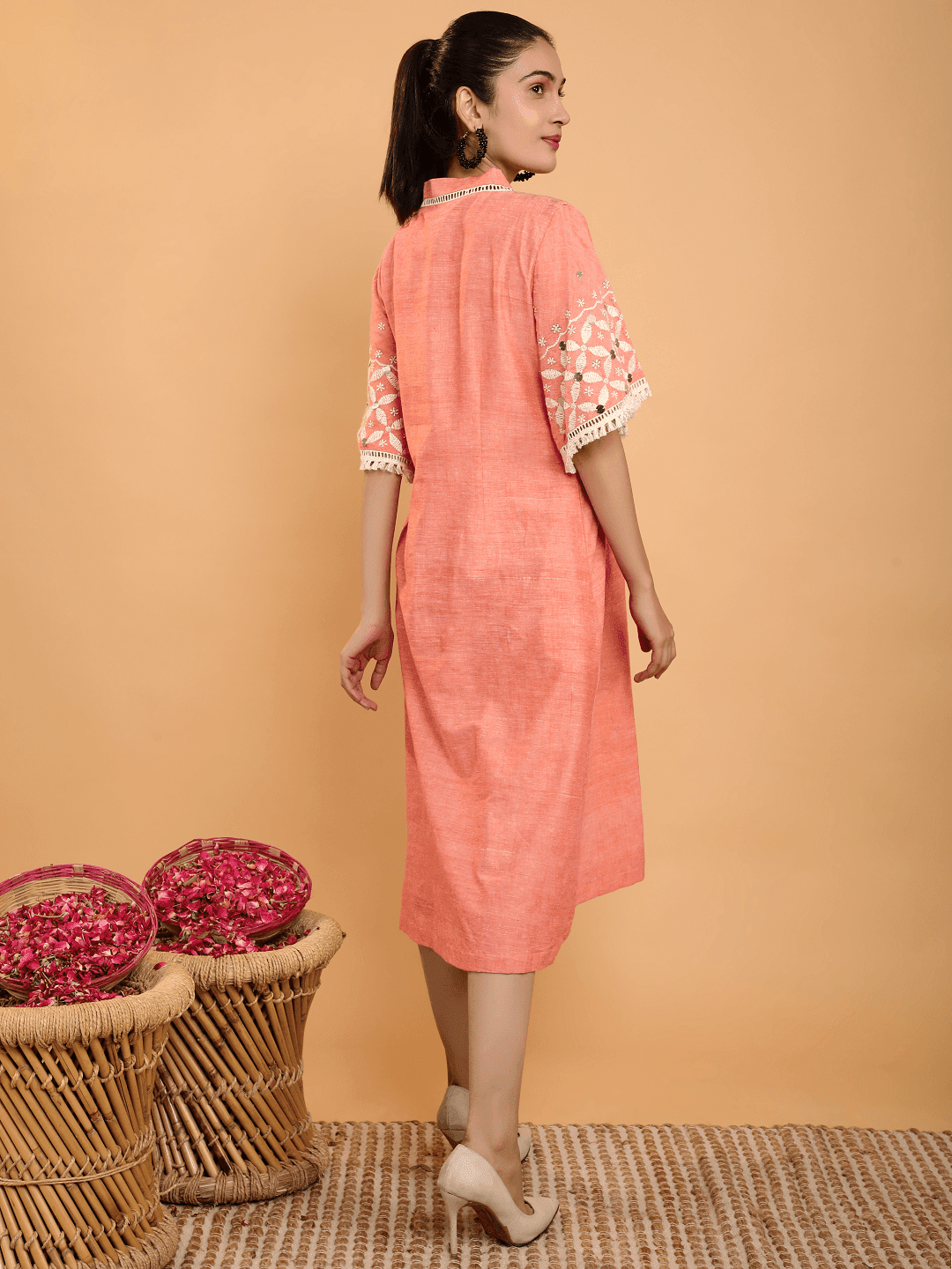 Boho Chikankari Cotton Dress - Peach - Charkha TalesBoho Chikankari Cotton Dress - Peach