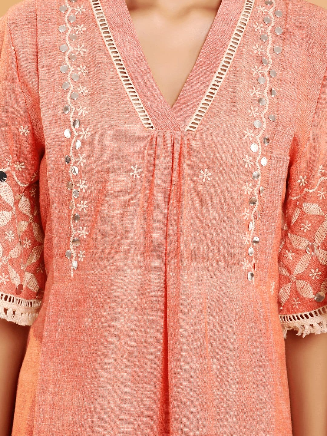 Boho Chikankari Cotton Dress - Peach - Charkha TalesBoho Chikankari Cotton Dress - Peach