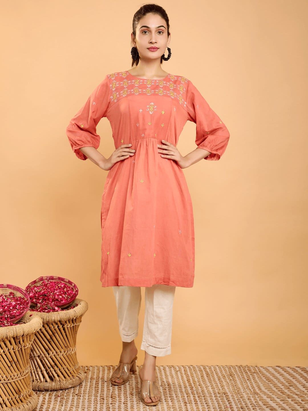 Boho Chikankari Kurta Set - Coral Red - Charkha TalesBoho Chikankari Kurta Set - Coral Red