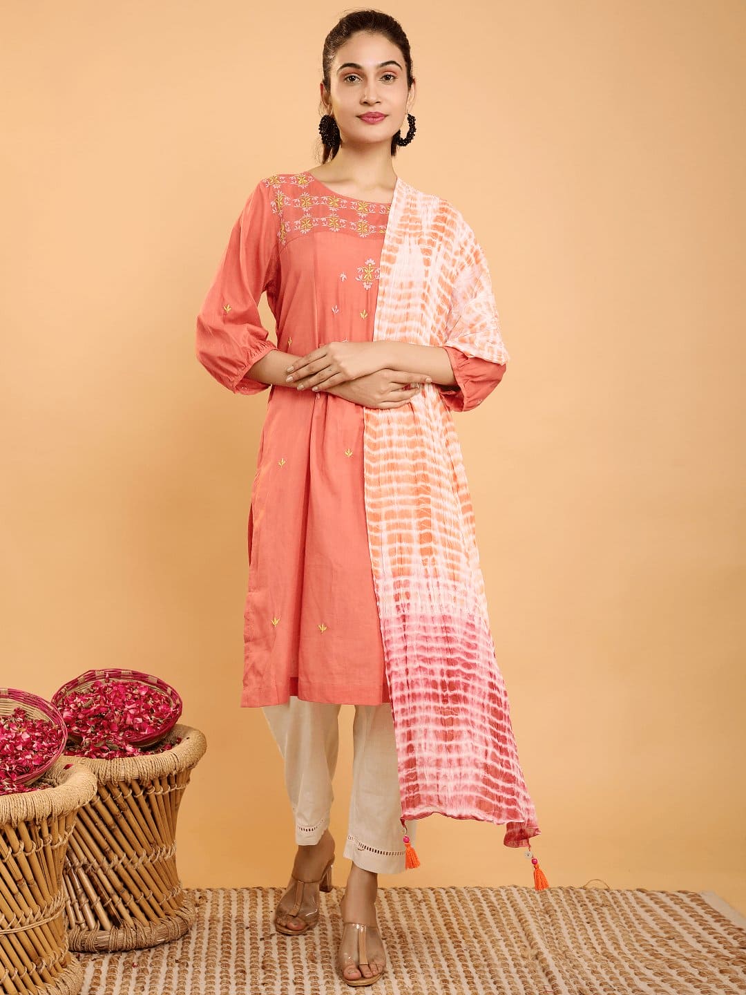 Boho Chikankari Kurta Set - Coral Red - Charkha TalesBoho Chikankari Kurta Set - Coral Red