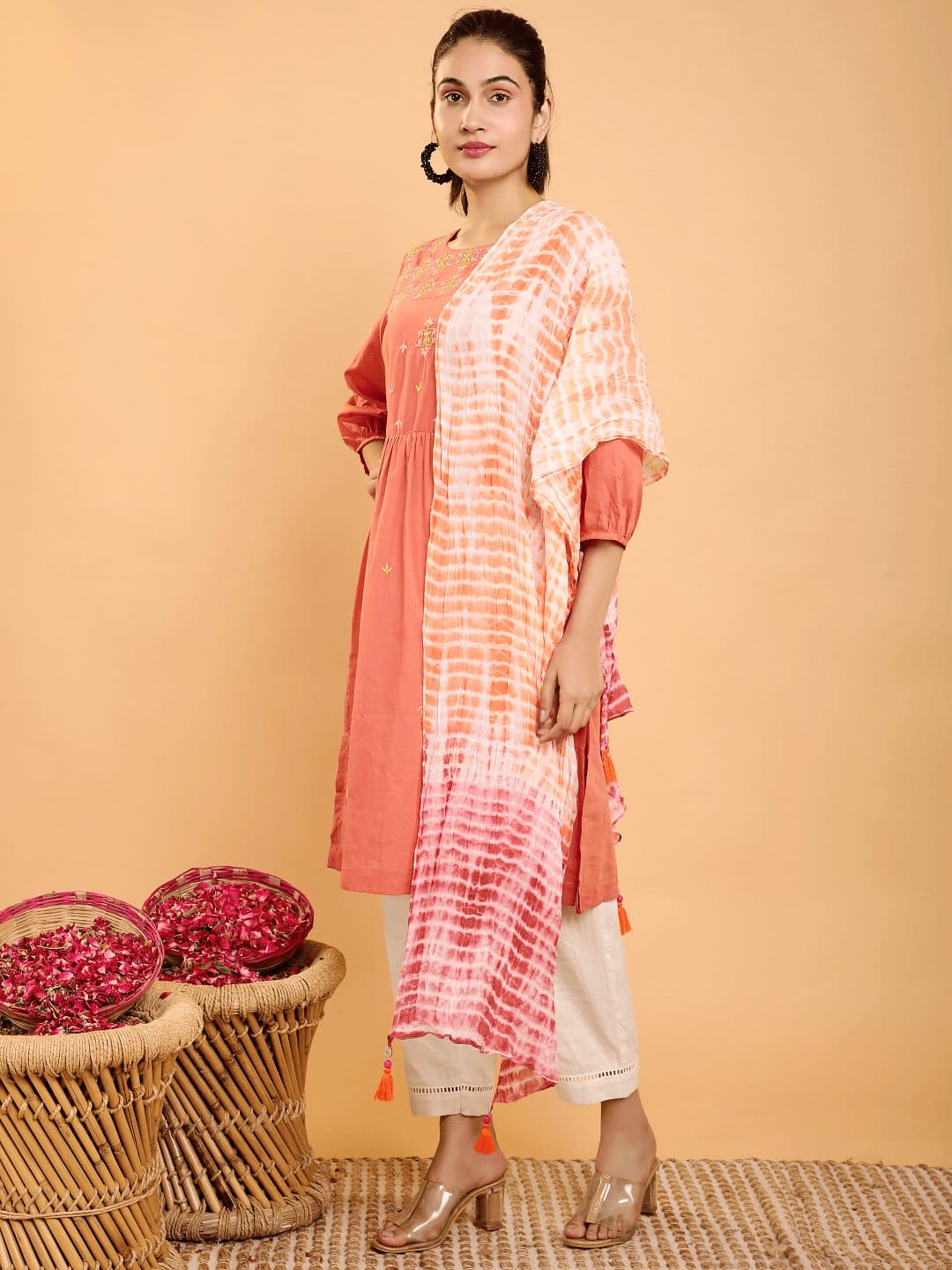 Boho Chikankari Kurta Set - Coral Red - Charkha TalesBoho Chikankari Kurta Set - Coral Red