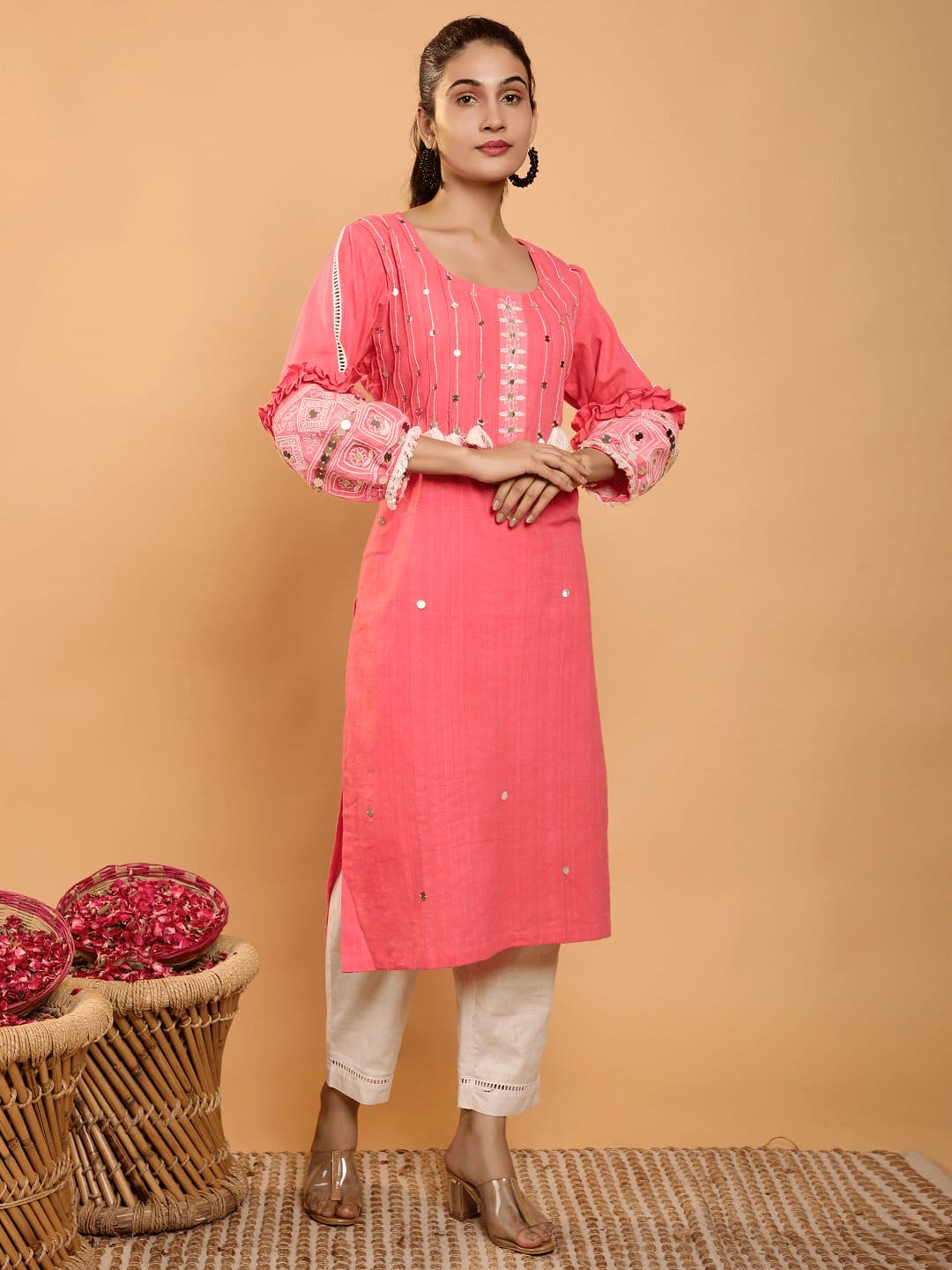 Boho Chikankari Women Kurta Set - Rosy Pink - Charkha TalesBoho Chikankari Women Kurta Set - Rosy Pink