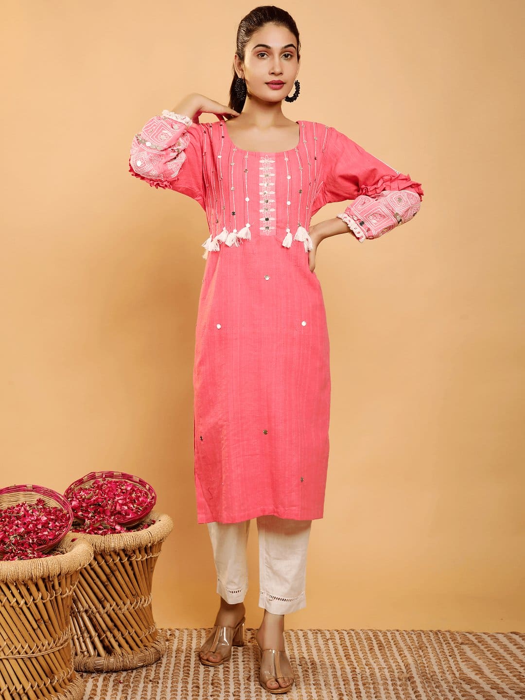 Boho Chikankari Women Kurta Set - Rosy Pink - Charkha TalesBoho Chikankari Women Kurta Set - Rosy Pink