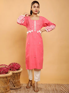 Boho Chikankari Women Kurta Set - Rosy Pink