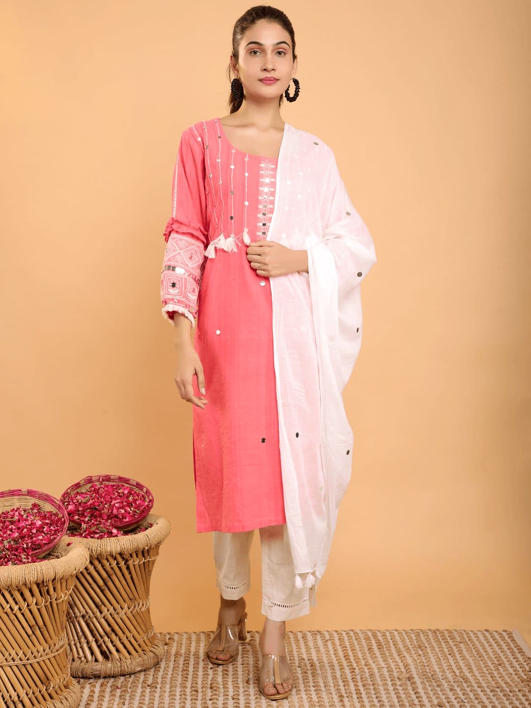Boho Chikankari Women Kurta Set - Rosy Pink - Charkha TalesBoho Chikankari Women Kurta Set - Rosy Pink