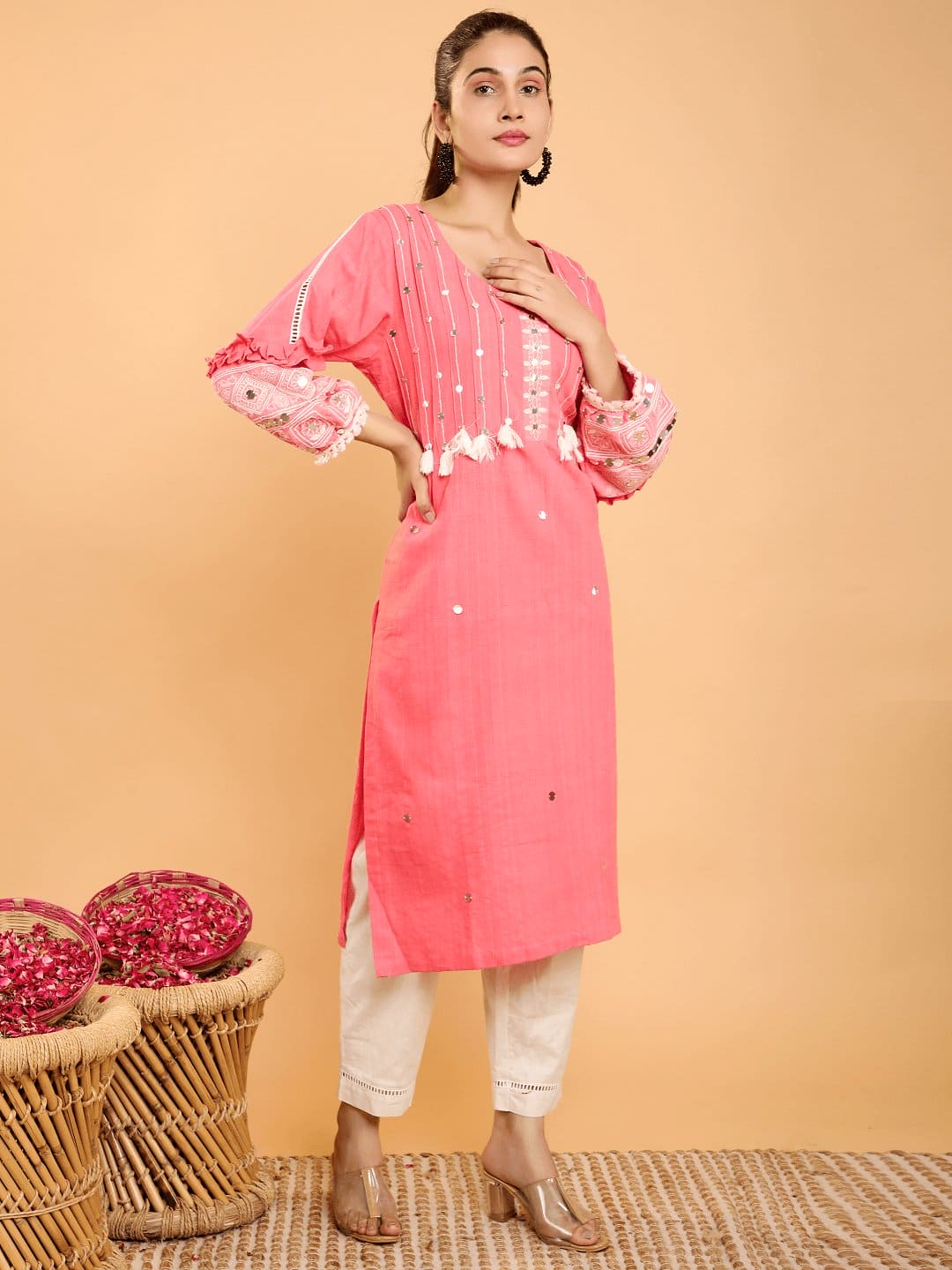 Boho Chikankari Women Kurta Set - Rosy Pink - Charkha TalesBoho Chikankari Women Kurta Set - Rosy Pink