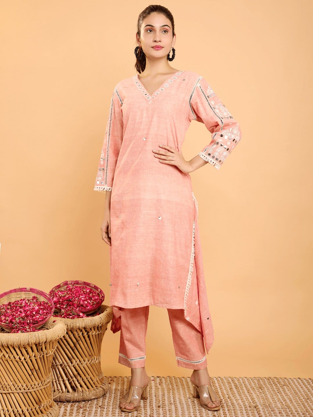 Boho Chikankari Work Kurta Set - Peach - Charkha TalesBoho Chikankari Work Kurta Set - Peach
