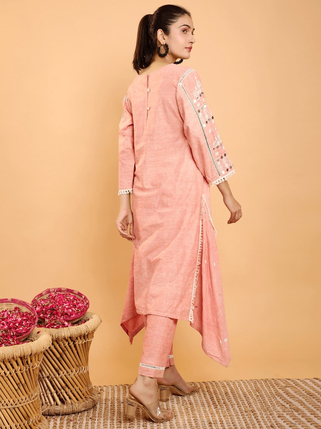 Boho Chikankari Work Kurta Set - Peach - Charkha TalesBoho Chikankari Work Kurta Set - Peach