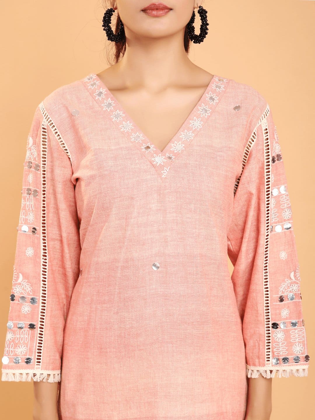 Boho Chikankari Work Kurta Set - Peach - Charkha TalesBoho Chikankari Work Kurta Set - Peach