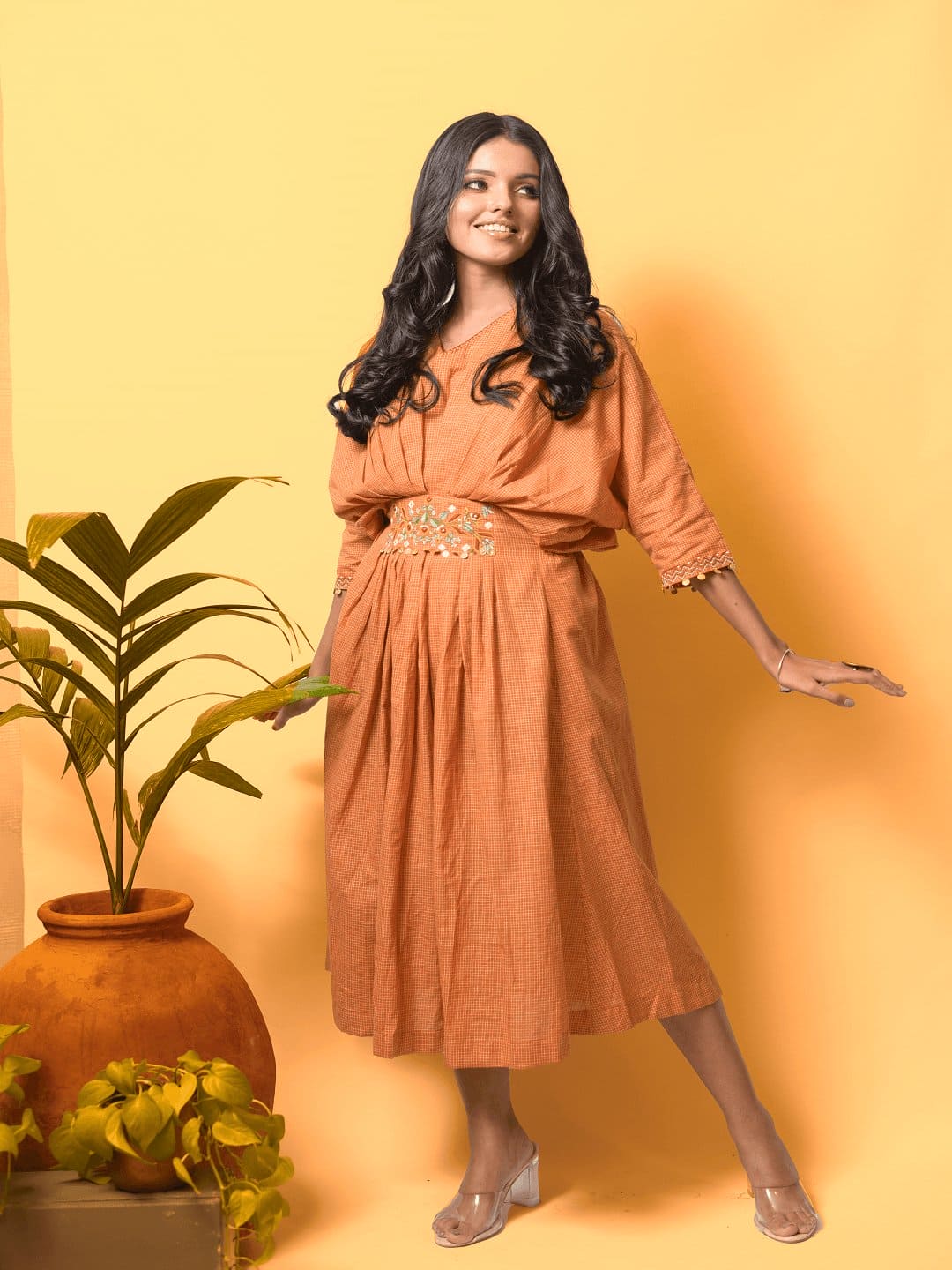 Boho Embroidered Belt Kaftaan - Mustard - Charkha TalesBoho Embroidered Belt Kaftaan - Mustard