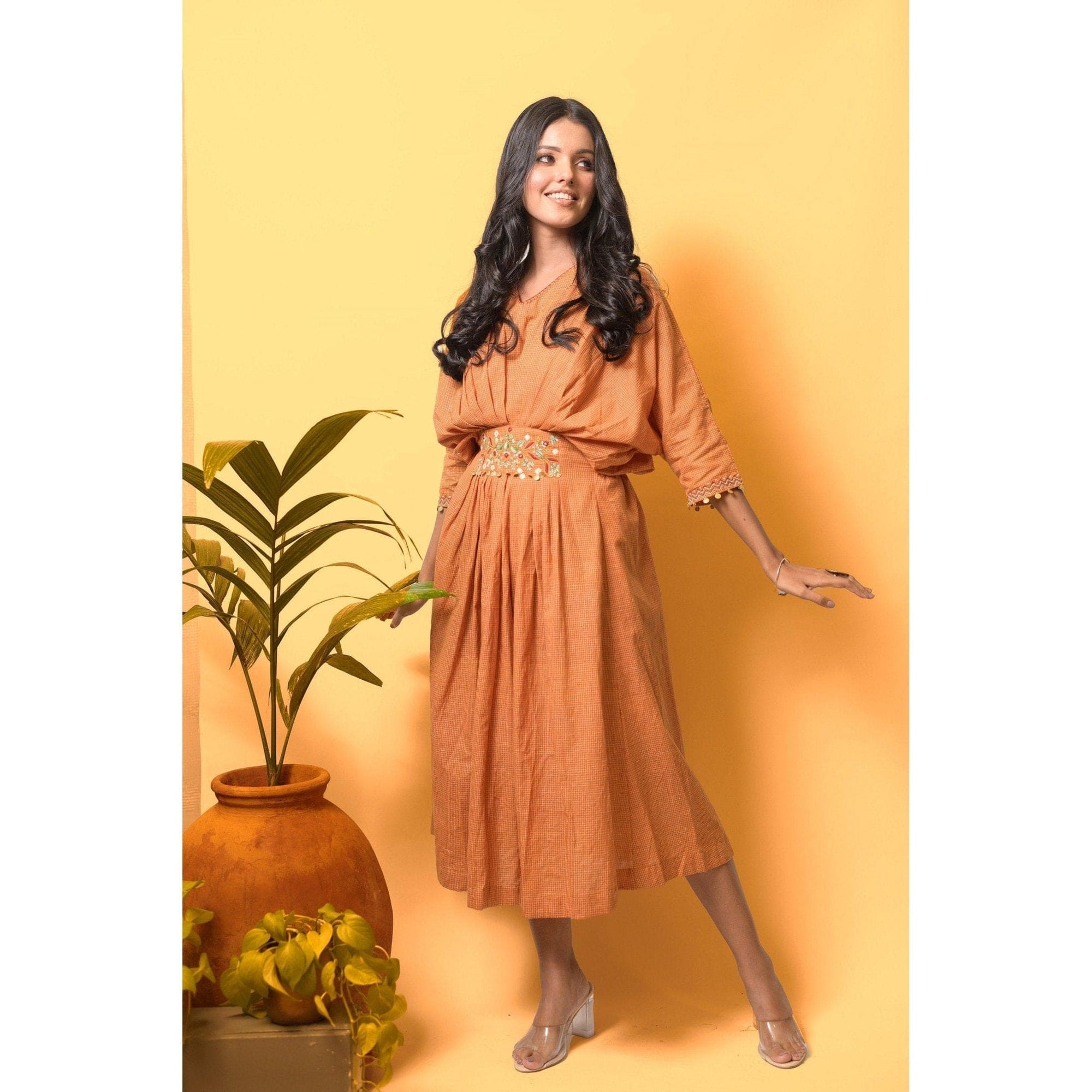 Boho Embroidered Belt Kaftaan - Mustard - Charkha TalesBoho Embroidered Belt Kaftaan - Mustard