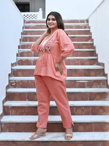 Bold Bloom Embroidered Co-Ord Set - Peach