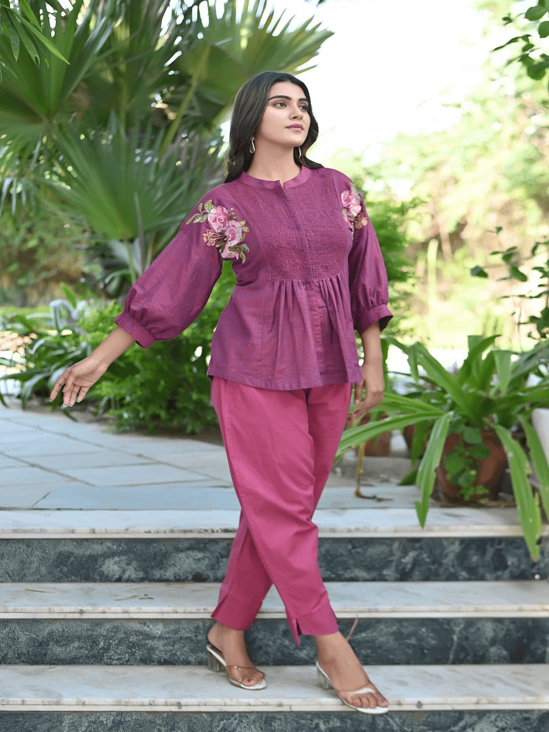 Bold Bloom Embroidered Co - Ordinate Set - Majenta - Charkha TalesBold Bloom Embroidered Co - Ordinate Set - Majenta