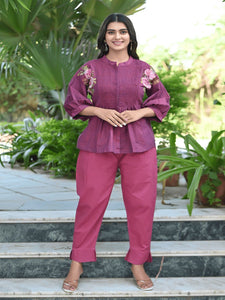 Bold Bloom Embroidered Co-Ordinate Set - Majenta