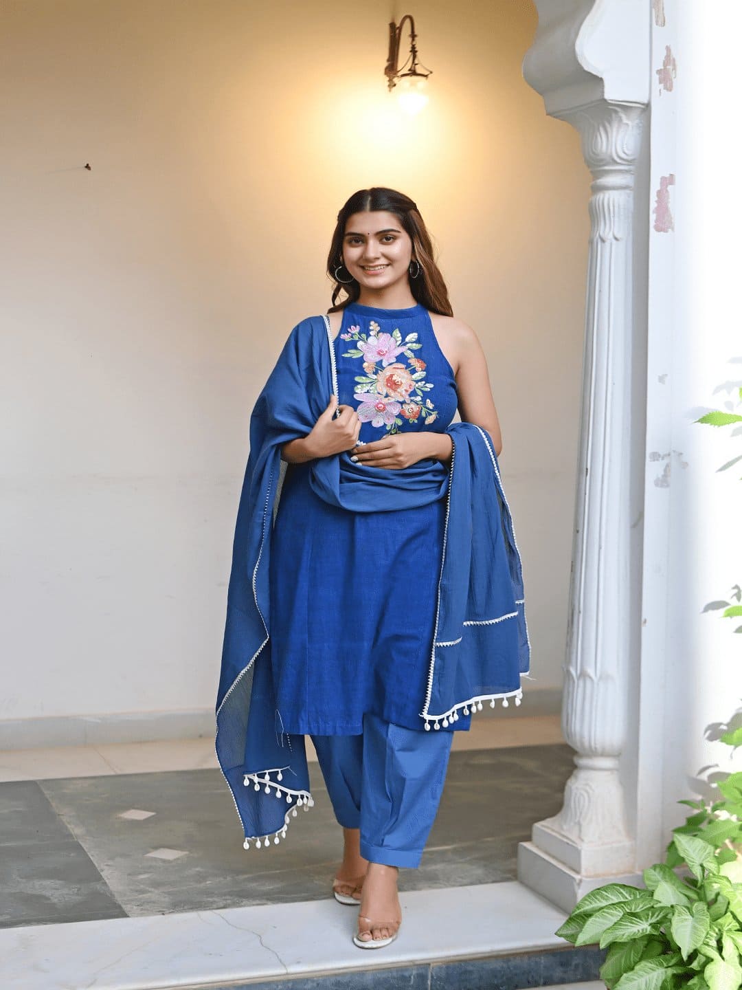 Bold Bloom Embroidered Kurta Set - Blue - Charkha TalesBold Bloom Embroidered Kurta Set - Blue