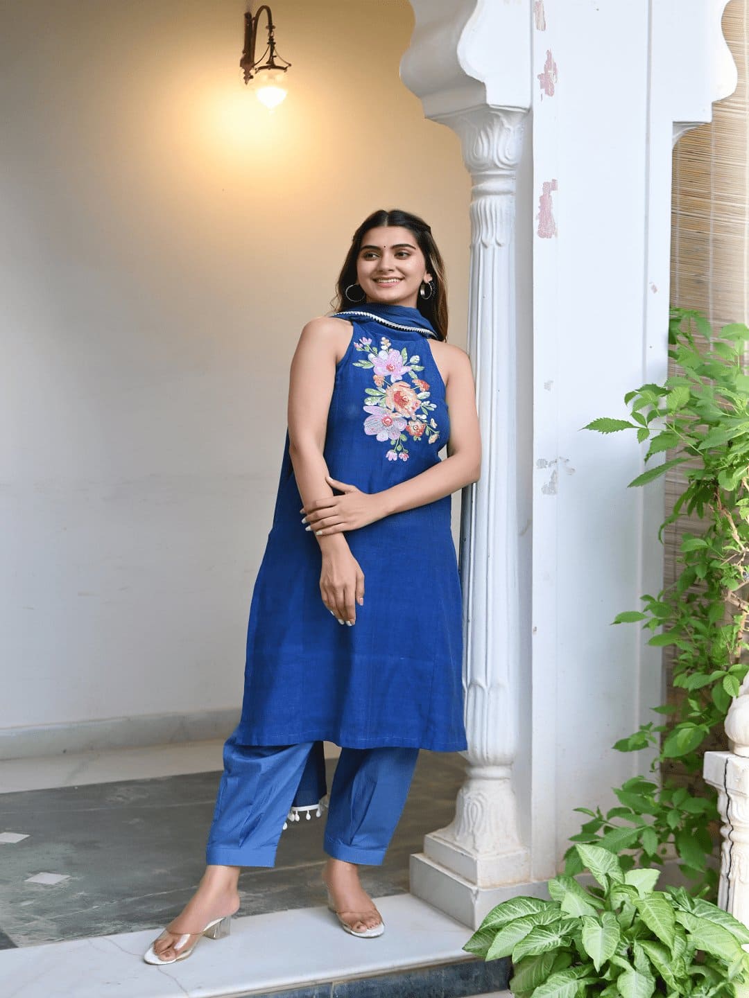 Bold Bloom Embroidered Kurta Set - Blue - Charkha TalesBold Bloom Embroidered Kurta Set - Blue