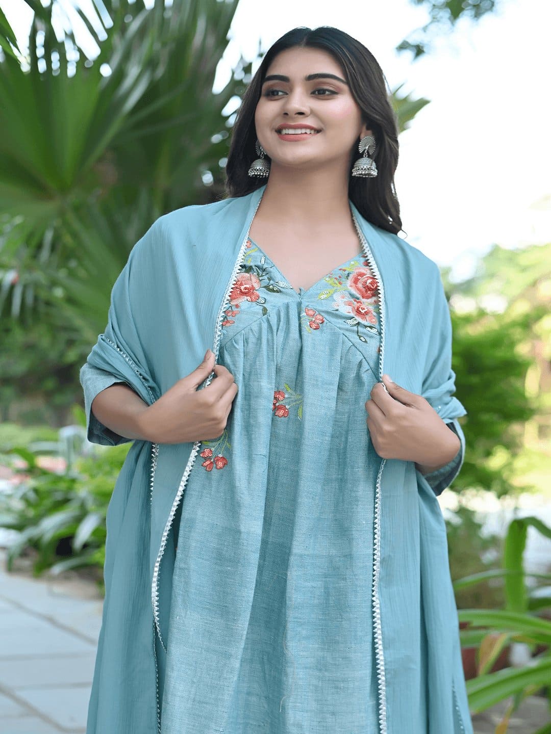 Bold Bloom Embroidered Kurta Set - Turquoise - Charkha TalesBold Bloom Embroidered Kurta Set - Turquoise