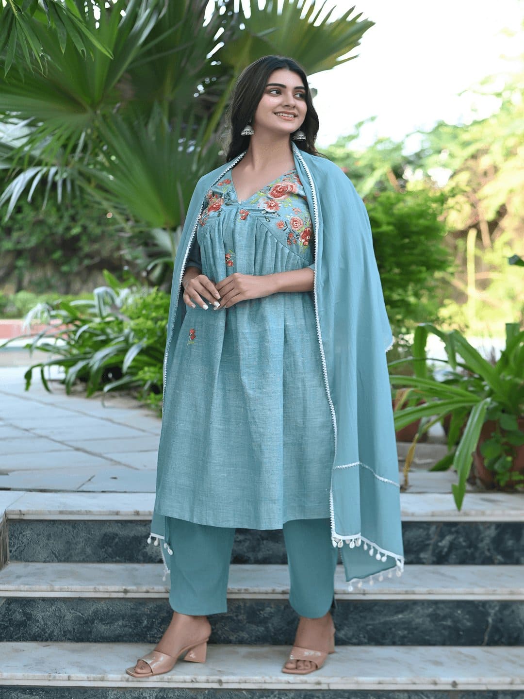 Bold Bloom Embroidered Kurta Set - Turquoise - Charkha TalesBold Bloom Embroidered Kurta Set - Turquoise