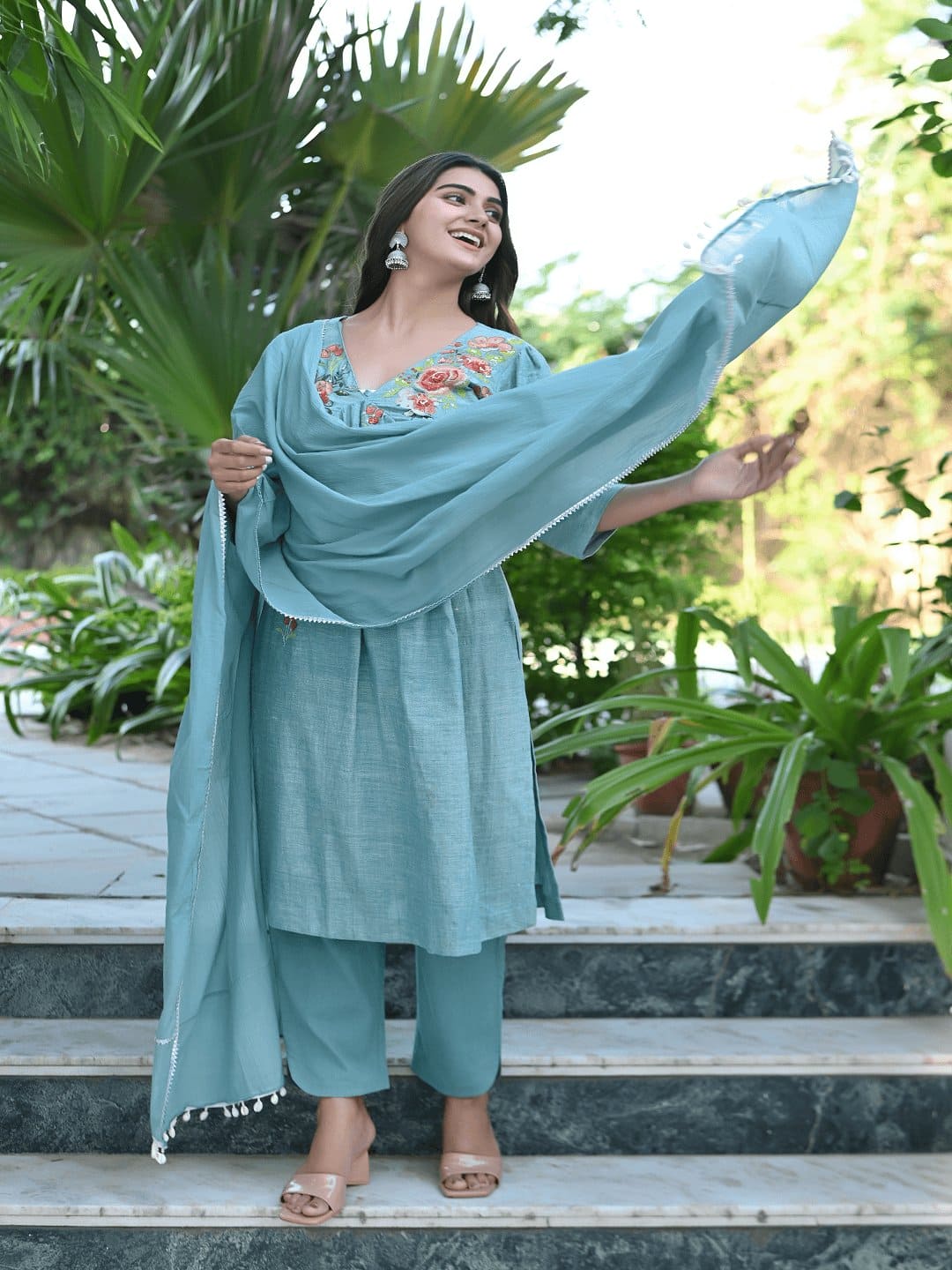 Bold Bloom Embroidered Kurta Set - Turquoise - Charkha TalesBold Bloom Embroidered Kurta Set - Turquoise